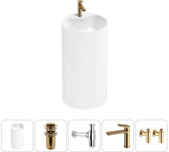 Изображение товара Напольная раковина отдельностоящая Wellsee Chalice Perfection в наборе 5 в 1, раковина-моноблок из акрила, цвет белый глянец 20212996R