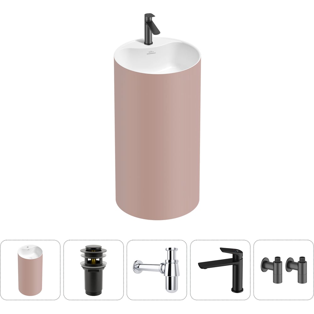 Изображение товара Напольная раковина отдельностоящая Wellsee Chalice Perfection в наборе 5 в 1, раковина-моноблок из акрила, цвет матовый светло-розовый / белый глянец 20213116R Изображение товара Напольная раковина отдельностоящая Wellsee Chalice Perfection в наборе 5 в 1, раковина-моноблок из акрила, цвет матовый светло-розовый / белый глянец 20213116R