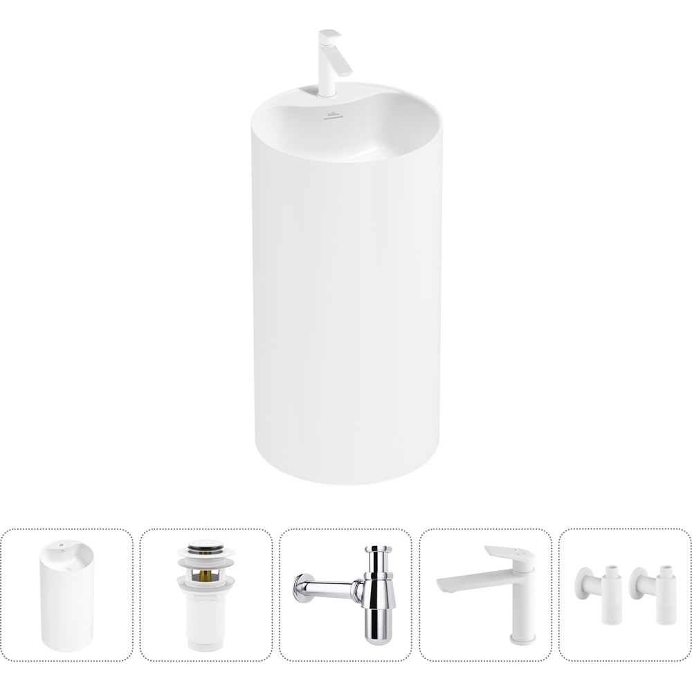 Изображение товара Напольная раковина отдельностоящая Wellsee Chalice Perfection в наборе 5 в 1, раковина-моноблок из акрила, цвет белый глянец 20212997R