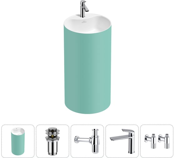 Изображение товара Напольная раковина отдельностоящая Wellsee Chalice Perfection в наборе 5 в 1, раковина-моноблок из акрила, цвет матовый светло-зеленый / белый глянец 20213080R