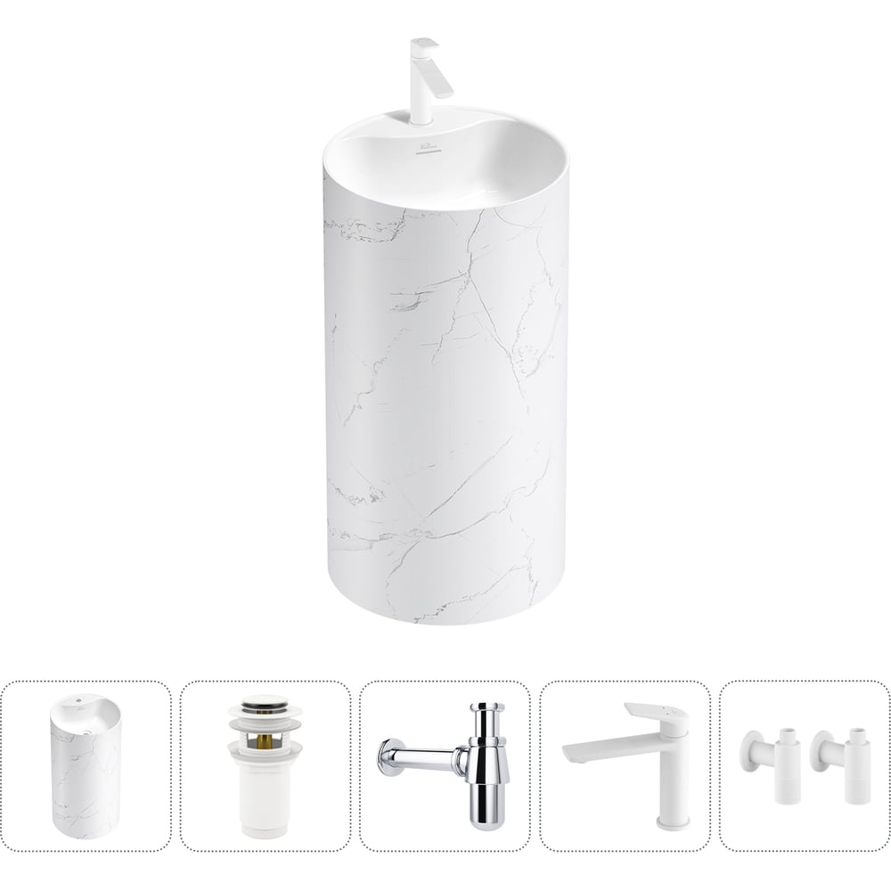 Изображение товара Напольная раковина Wellsee Chalice Perfection 5 в 1 матовый белый мрамор