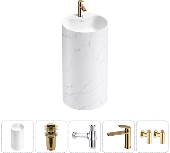 Изображение товара Напольная раковина отдельностоящая Wellsee Chalice Perfection в наборе 5 в 1, раковина-моноблок из акрила, цвет матовый белый мрамор / белый глянец 20213072R