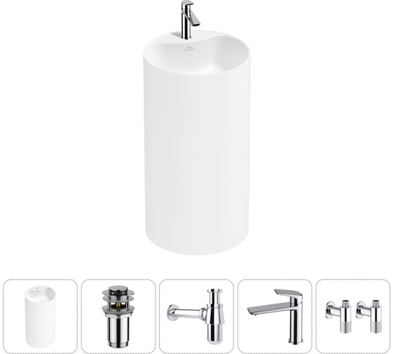 Изображение товара Напольная раковина отдельностоящая Wellsee Chalice Perfection в наборе 5 в 1, раковина-моноблок из акрила, цвет матовый белый 20213010R