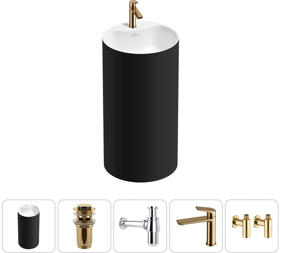 Изображение товара Напольная раковина отдельностоящая Wellsee Chalice Perfection в наборе 5 в 1, раковина-моноблок из акрила, цвет матовый черный / белый глянец 20213028R