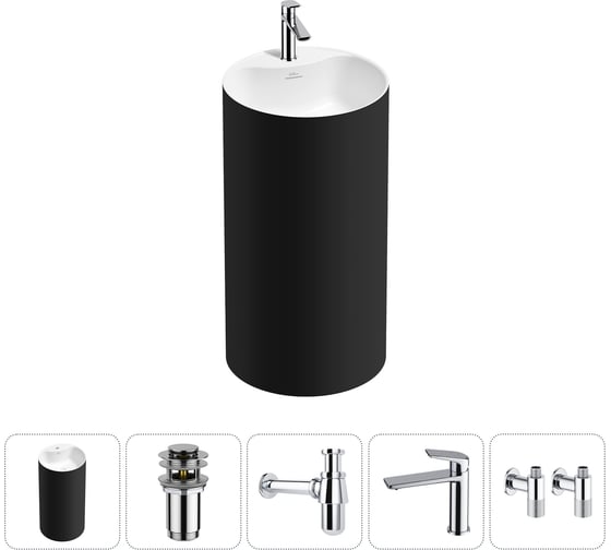 Изображение товара Напольная раковина отдельностоящая Wellsee Chalice Perfection в наборе 5 в 1, раковина-моноблок из акрила, цвет матовый черный / белый глянец 20213026R