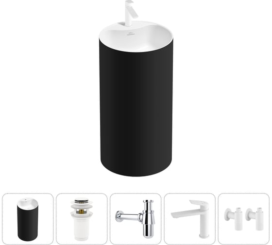 Изображение товара Напольная раковина отдельностоящая Wellsee Chalice Perfection в наборе 5 в 1, раковина-моноблок из акрила, цвет матовый черный / белый глянец 20213029R