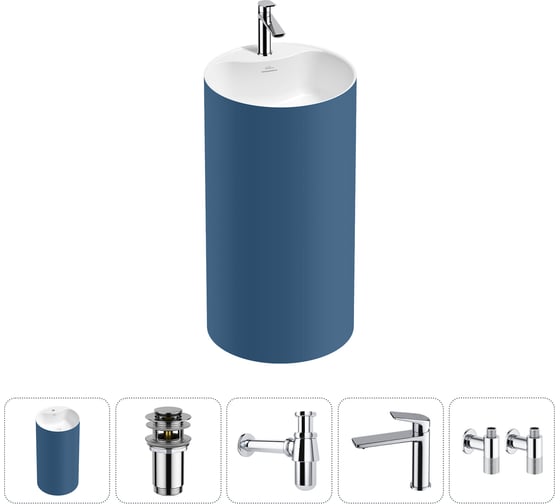 Изображение товара Напольная раковина отдельностоящая Wellsee Chalice Perfection в наборе 5 в 1, раковина-моноблок из акрила, цвет матовый темно-синий / белый глянец 20213103R