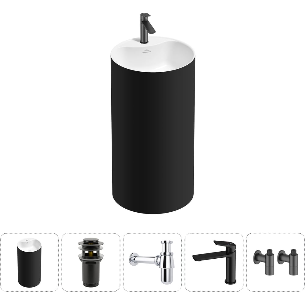 Изображение товара Напольная раковина отдельностоящая Wellsee Chalice Perfection 5в1 акрил, матовая черный глянец