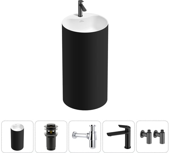 Изображение товара Напольная раковина отдельностоящая Wellsee Chalice Perfection в наборе 5 в 1, раковина-моноблок из акрила, цвет матовый черный / белый глянец 20213027R