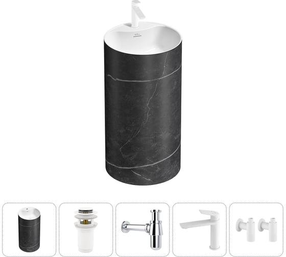 Изображение товара Напольная раковина отдельностоящая Wellsee Chalice Perfection в наборе 5 в 1, раковина-моноблок из акрила, цвет матовый черный мрамор / белый глянец 20213045R
