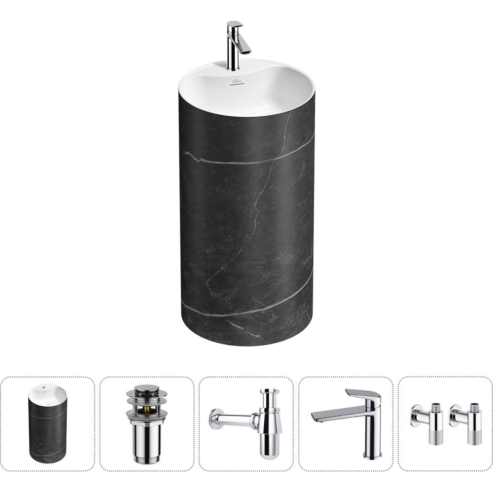 Изображение товара Напольная раковина отдельностоящая Wellsee Chalice Perfection 5 в 1 акрил черный мрамор