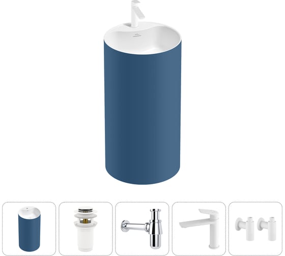 Изображение товара Напольная раковина отдельностоящая Wellsee Chalice Perfection в наборе 5 в 1, раковина-моноблок из акрила, цвет матовый темно-синий / белый глянец 20213105R