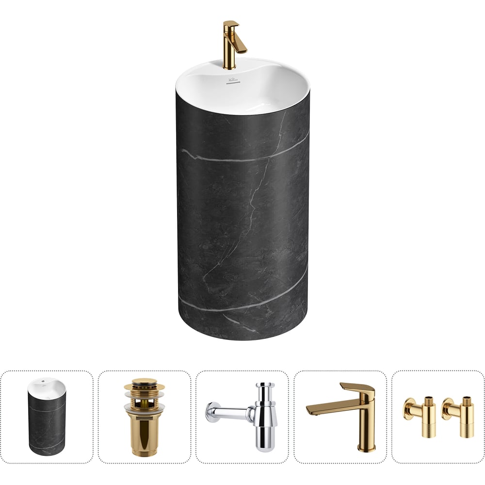 Изображение товара Напольная раковина отдельностоящая Wellsee Chalice Perfection в наборе 5 в 1, раковина-моноблок из акрила, цвет матовый черный мрамор / белый глянец 20213044R