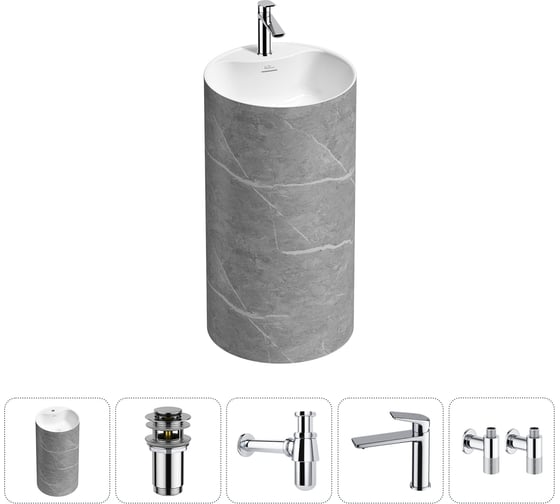 Изображение товара Напольная раковина отдельностоящая Wellsee Chalice Perfection в наборе 5 в 1, раковина-моноблок из акрила, цвет матовый серый мрамор / белый глянец 20213055R