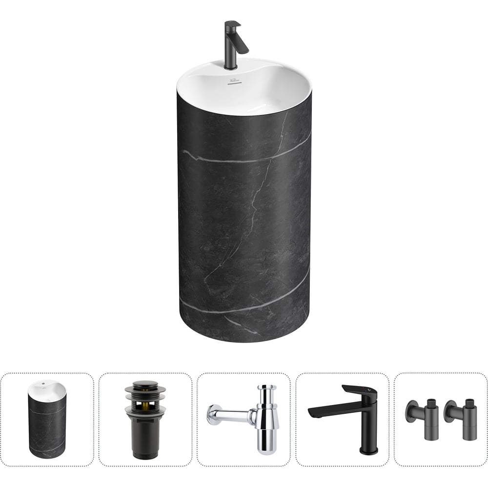 Изображение товара Напольная раковина отдельностоящая Wellsee Chalice Perfection 5 в 1 акрил матовая черный мрамор бел