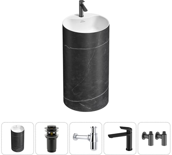 Изображение товара Напольная раковина отдельностоящая Wellsee Chalice Perfection в наборе 5 в 1, раковина-моноблок из акрила, цвет матовый черный мрамор / белый глянец 20213043R
