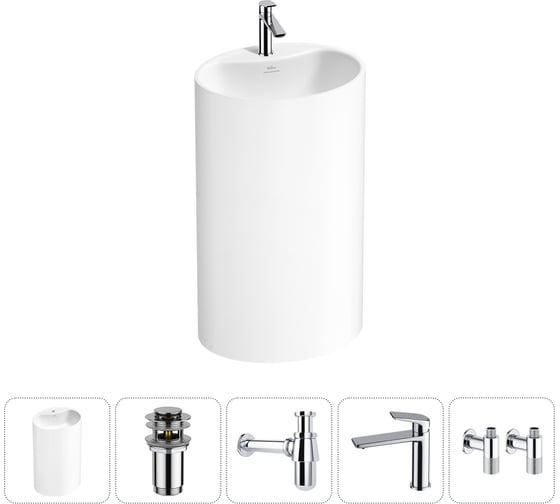 Изображение товара Напольная раковина отдельностоящая Wellsee Coquillage в наборе 5 в 1, раковина-моноблок из акрила, цвет белый глянец 20213130R