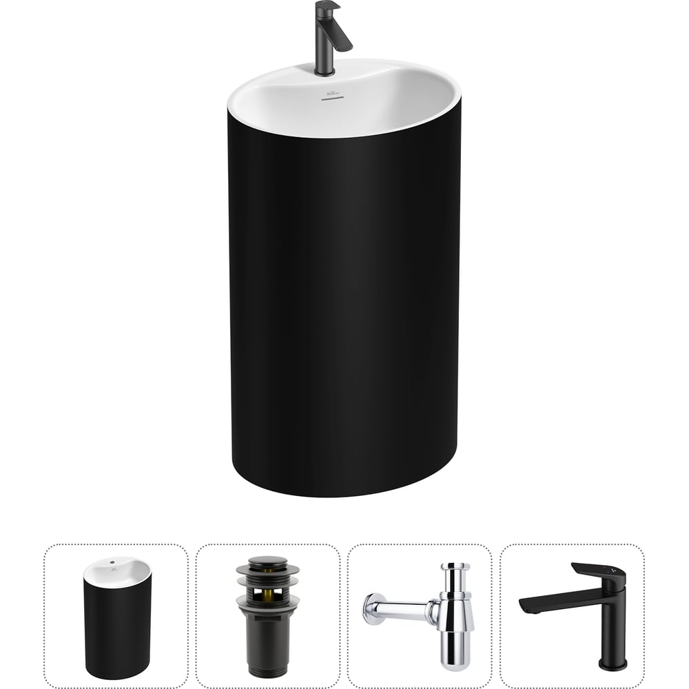 Изображение товара Напольная раковина моно-блок из акрила Wellsee Coquillage 4 в 1 матовая черный/белый глянец