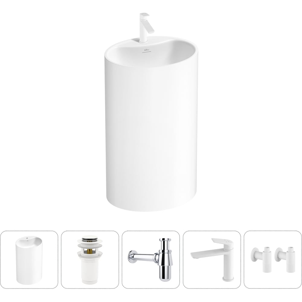 Изображение товара Напольная раковина отдельностоящая Wellsee Coquillage в наборе 5 в 1, раковина-моноблок из акрила, цвет белый глянец 20213133R Изображение товара Напольная раковина отдельностоящая Wellsee Coquillage в наборе 5 в 1, раковина-моноблок из акрила, цвет белый глянец 20213133R