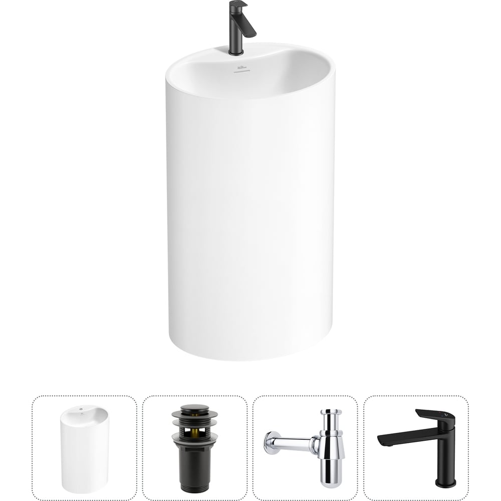 Изображение товара Напольная раковина отдельностоящая Wellsee Coquillage в наборе 4 в 1, раковина-моноблок из акрила, цвет белый глянец 20213127R