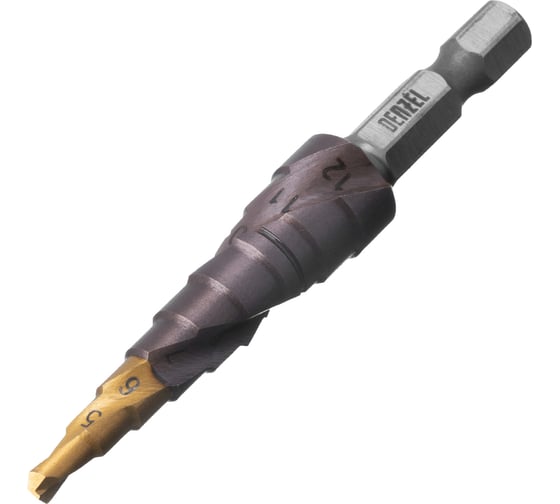 Изображение товара Сверло ступенчатое Denzel 4-5-6-7-8-9-10-11-12 мм, Р6М5К5, 6-гр. хвостовик 723612