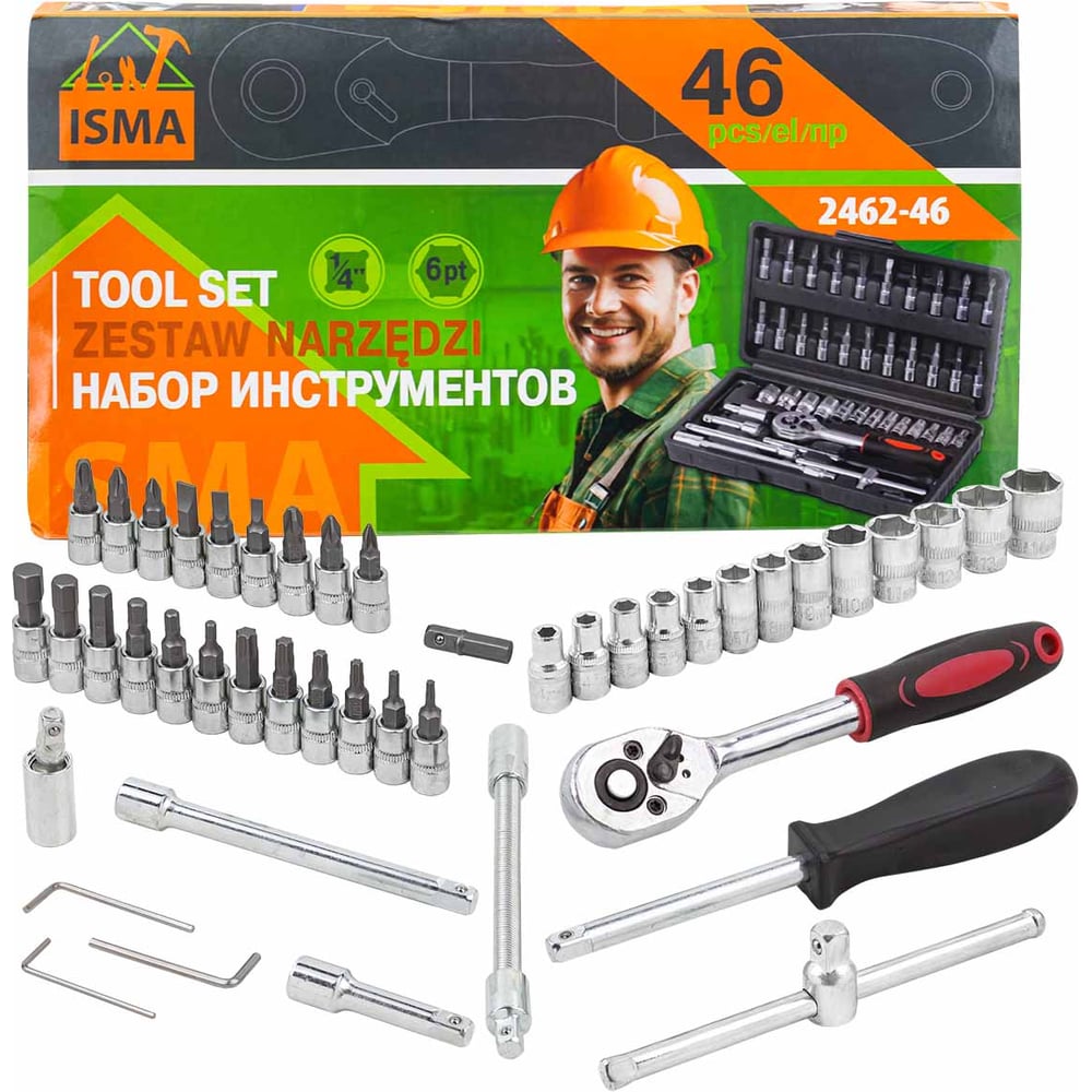 Изображение товара Набор инструмента ISMA 46 предметов 1/4 (6-гран.)(4-14мм) ISMA-2462-46(60247)