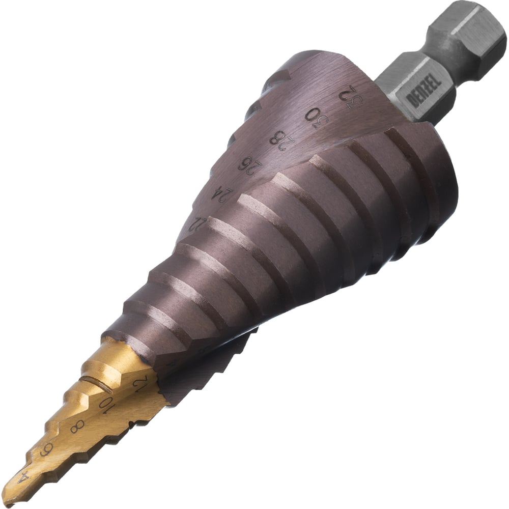 Изображение товара Сверло ступенчатое Denzel 4-32 мм R6М5К5 с шестигранным хвостовиком