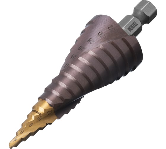 Изображение товара Сверло ступенчатое Denzel 4-6-8-10-12-14-16-18-20-22-24-26-28-30-32 мм, Р6М5К5, 6-гр. хвостовик 723616