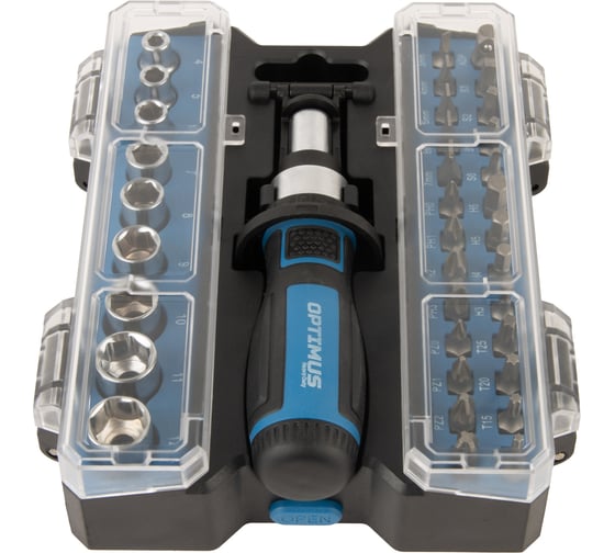 Изображение товара Отвертка реверсивная Optimus с набором бит и торцевых головок 36 предметом OPT-BS2036