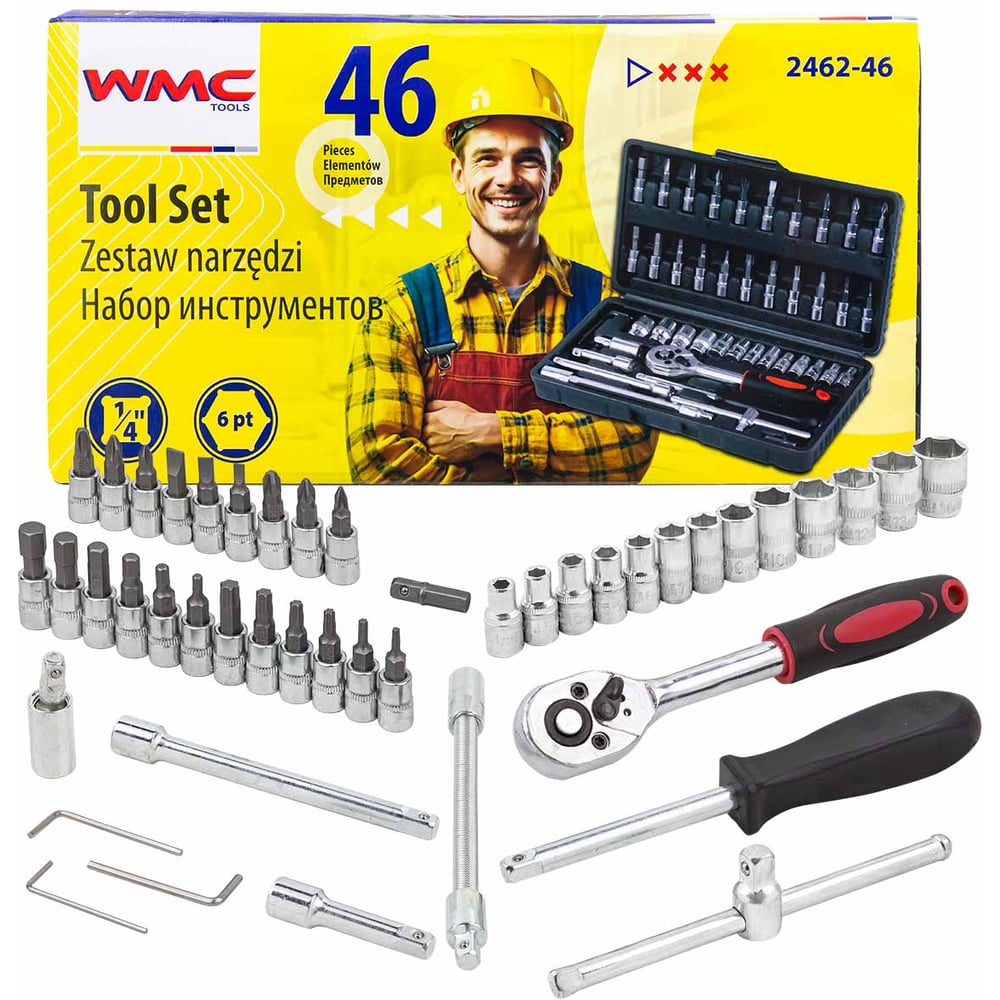 Изображение товара Набор инструмента WMC TOOLS 46 предметов 1/4 (6-гран.)(4-14мм) WMC-2462-46(60245)