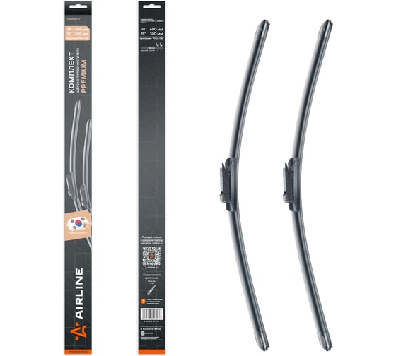 Изображение товара Щетки стеклоочистителя комплект Airline 600/380мм (24/15) бескаркасные PREMIUM с креплением Pinch Tab, 2 штуки AWBM032