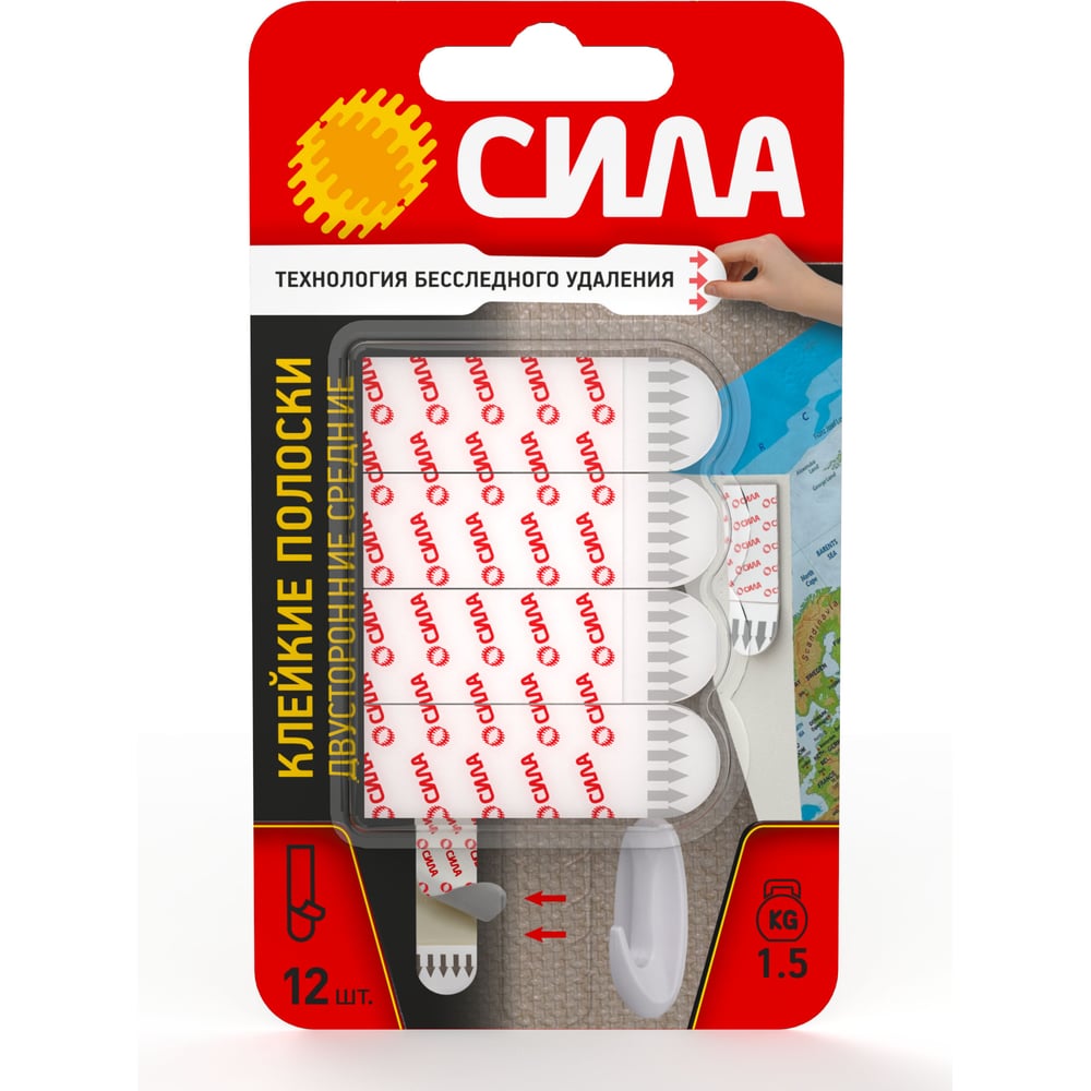 Изображение товара Клейкие полоски СИЛА двусторонние сменные средние 12 шт белые