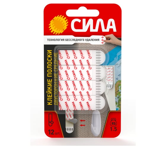Изображение товара Клейкие полоски СИЛА SDSSMW12 двусторонние сменные средние 12 шт, до 1,5 кг белые Б0065000