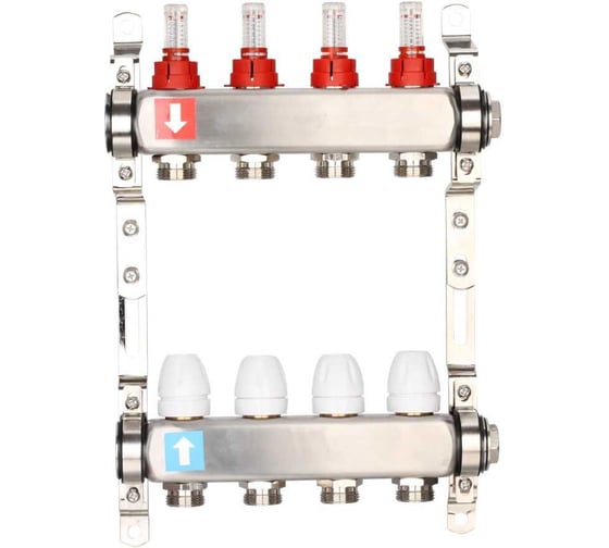 Изображение товара Коллектор регулируемый с расходомерами Gappo из нержавеющей стали, 2 заглушки, 2 кронштейна, 8-вых. x1"x3/4" G424.8