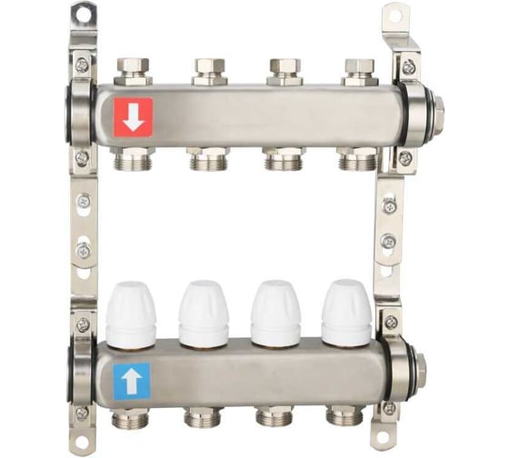 Изображение товара Коллектор регулируемый с запорными клапанами Gappo из нержавеющей стали, 2 заглушки, 2 кронштейна, 8-вых. x 1" x 3/4" G428.8