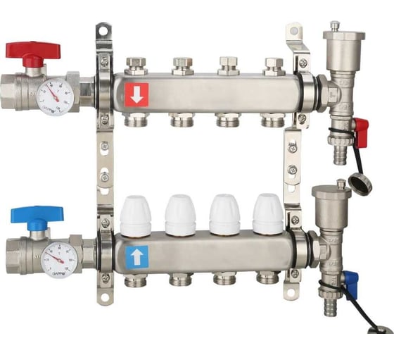 Изображение товара Коллектор регулируемый с запорными клапанами Gappo из нержавеющей стали, 2 шаровых крана с термометром, 2 воздухоотводчика, 2 сливных крана, 2 кронштейна, 3-вых. x 1" x 3/4" G426.3