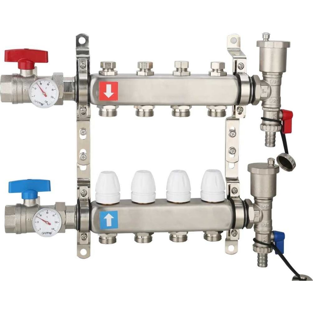 Изображение товара Коллектор регулируемый из нержавеющей стали с запорными кранами и термометром Gappo G426.9