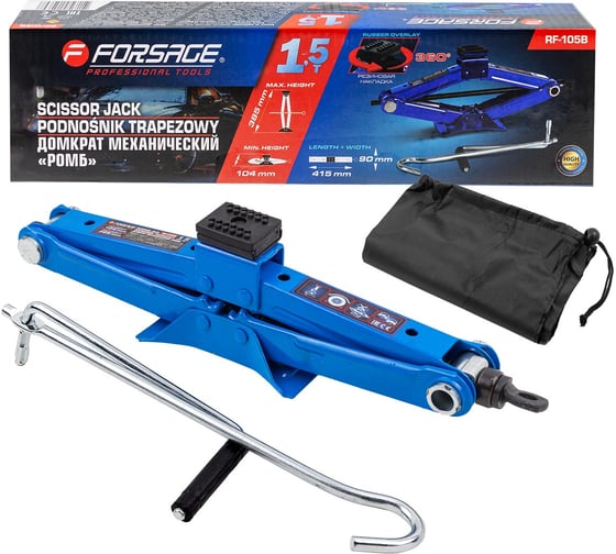 Изображение товара Домкрат механический ромб Forsage 1,5т с резиновой накладкой (h min 104мм, h max 385мм, L-415мм) F-RF-105B(59254)