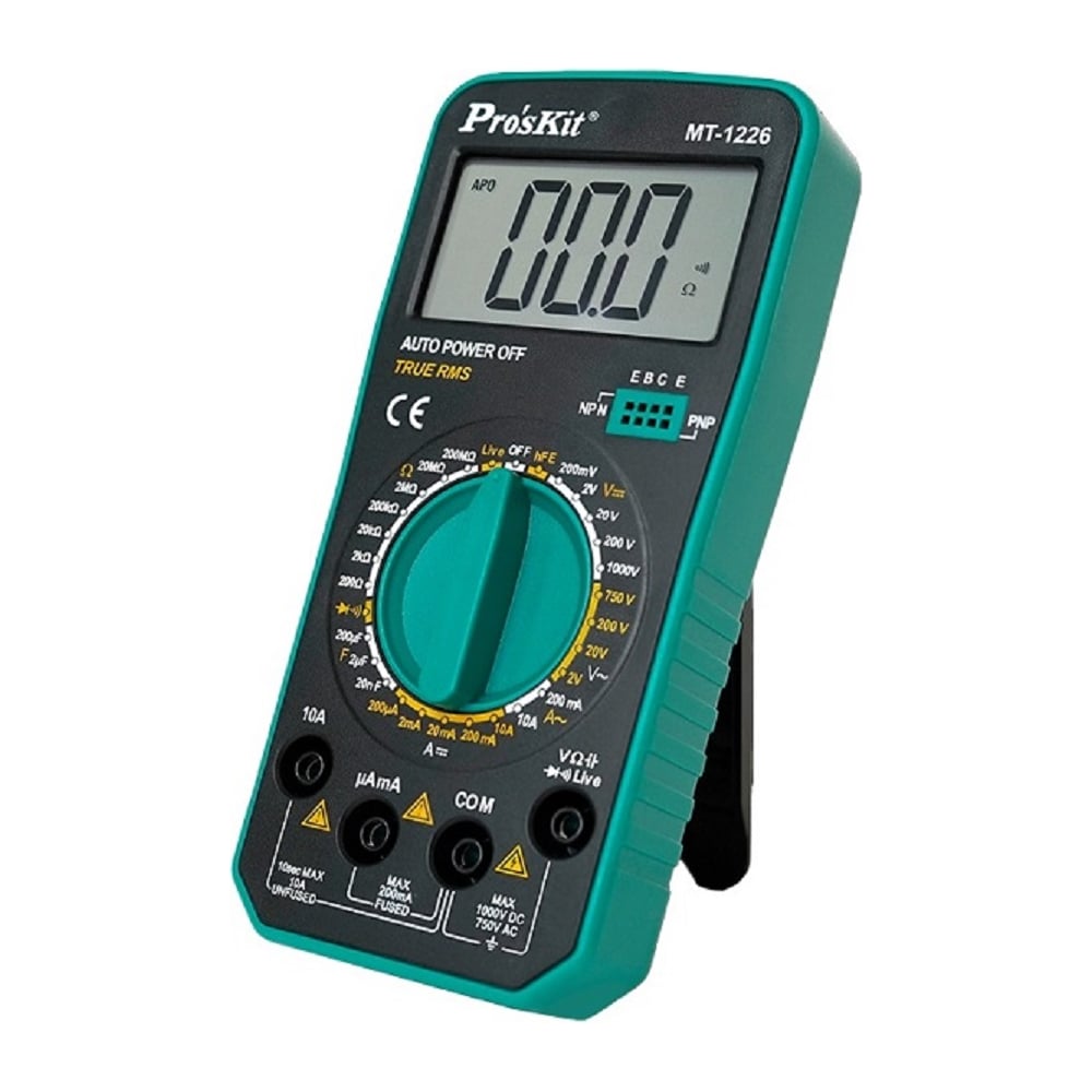 MT-1226 Мультиметр цифровой портативный Pro'sKit С00040340 представляет собой высоконадежный цифровой мультиметр, работающий от батареи, со стабильной работой и производительностью. Мультиметр с ЖК-дисплеем. Этот прибор имеет функцию измерения постоянного и переменного напряжения, постоянного и переменного тока, сопротивления, емкости, диода, транзистора, проверки целостности цепи, Live (оценка линии электропередачи).