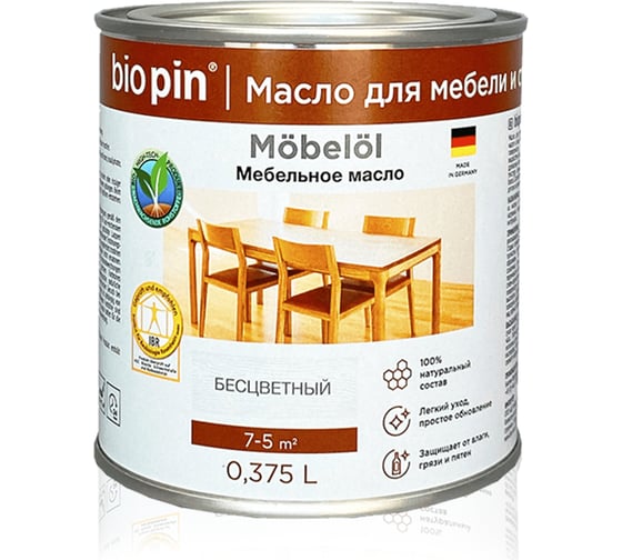 Изображение товара Масло для мебели BIO PIN 0950 Mobell бесцветное 0,375 л 09500