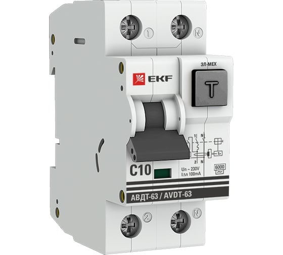 Изображение товара Дифференциальный автомат EKF АВДТ-63 10А 100мА хар-ка C, эл-мех тип АС 6кА PROxima DA63-10-100em-AC