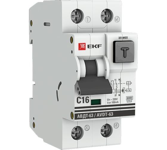 Изображение товара Дифференциальный автомат EKF АВДТ-63 16А 100мА хар-ка C, эл-мех тип АС 6кА PROxima DA63-16-100em-AC