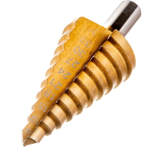 Изображение товара Сверло ступенчатое (9-36 мм; HSS TiN; трехгранный хвостовик) ТУНДРА 5570237