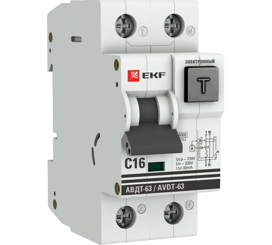 Изображение товара Дифференциальный автомат EKF АВДТ-63 16А 30мА хар-ка C, тип АС 6кА PROxima DA63-16-30e-AC
