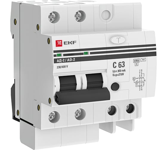 Изображение товара Дифференциальный автомат EKF АД-2 63А 300мА хар-ка C, AC, 270В 6кА PROxima DA2-6-63-300-pro
