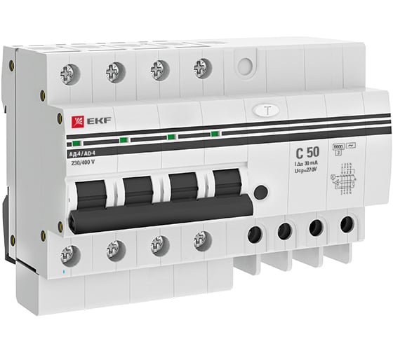 Изображение товара Дифференциальный автомат EKF АД-4 50А 30мА хар-ка C, AC, 270В 6кА PROxima DA4-6-50-30-pro