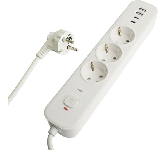 Изображение товара Сетевой фильтр STEKKER 3-местный с/з 3x1мм2, 5 м, 250В, 16А, 2 USB-A+2 Type-C 3, серия Nova, белый, 50101