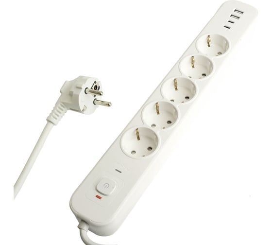 Изображение товара Сетевой фильтр STEKKER 5-местный с/з 3x1мм2, 5 м, 250В, 16А, 2 USB-A+2 Type-C 3, серия Nova, белый, 50104