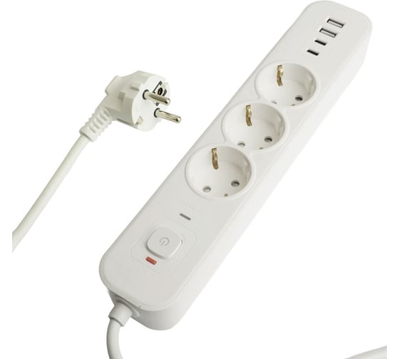 Изображение товара Сетевой фильтр STEKKER 3-местный с/з 3x1мм2, 1,8 м, 250В, 16А, 2 USB-A+2 Type-C, серия Nova, белый, 50099