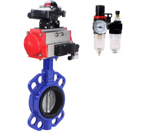 Изображение товара Затвор DN.ru WCB-316L-EPDM Ду80 Ру16 с пневмоприводом, пневмораспределителем, БПВ, БКВ D050-63978